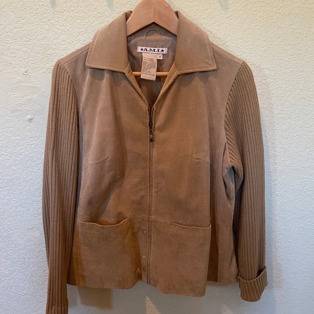 AMI Faux Leather Jacket Woman's M Medium Like New Brown Tan Long Sleeve
